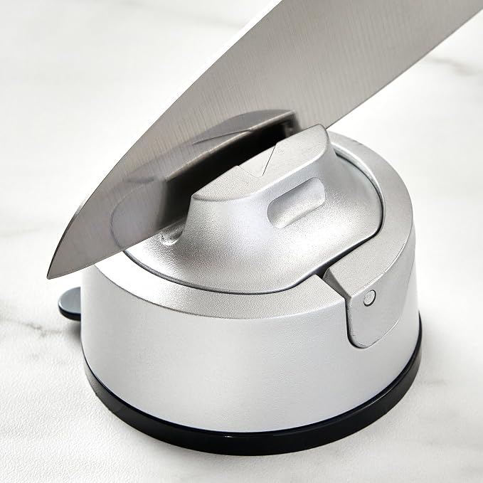 AnySharp – Evo – Hands Free Knife Sharpener - Easy to Use Sharpening Tool with Improved PowerGrip Suction Base and 20-Deg Pre-Set Angle - for All Knives: Chef's, Serrated, and Hardened Steel - Silver