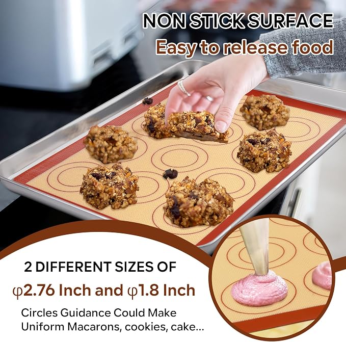 P&P CHEF 15 Inch Silicone Baking Mat, 2Pcs Non-stick Silicone Oven Mats | Reusable Baking Supplies for Macaroon Pastry Bread Dough Cookie Pizza, Good for Roasting Kneading, Fit Well with Sheet Pan