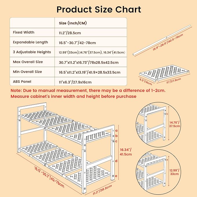 Under Sink Organizer and Storage 16.5"-30.7" Expandable Length, Adjustable Height Max 16.7" Under Sink Shelf 2 Tier with Removable ABS Panels Metal Frame for Bathroom Kitchen Pantry Cabitnet Pot Pan