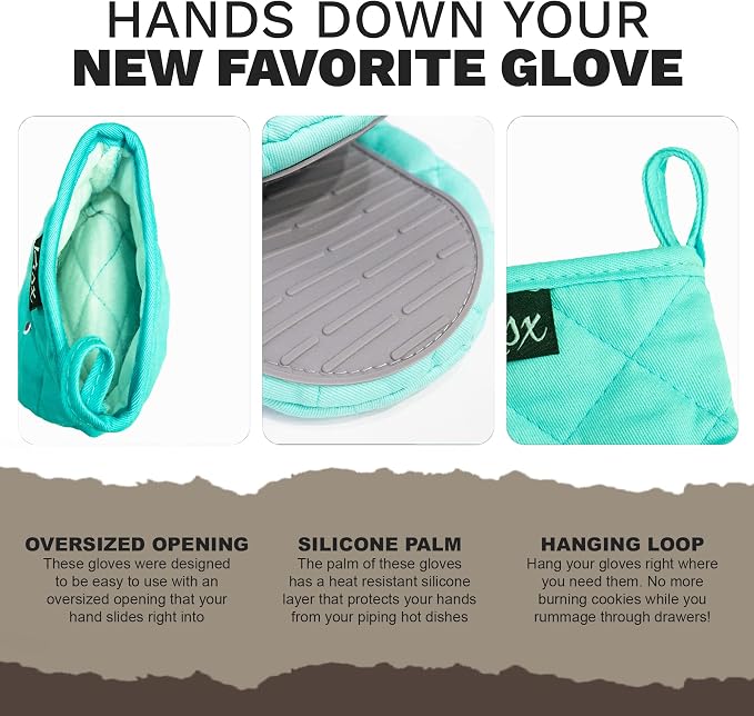 Oven Mitts Heat Resistant – (Aqua Color) Mini Oven Mitts, Silicone Gloves Heat Resistant, Kitchen Gloves for Cooking, Silicone Oven Mitts & Pot Holders Sets, Kitchen Pot Holders & Oven Mitts Sets