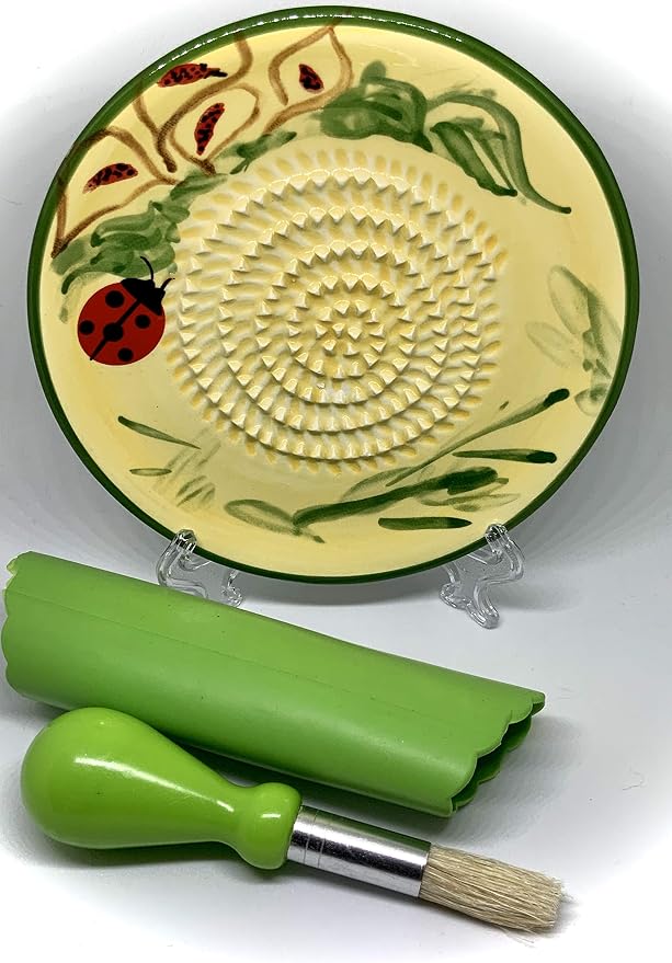 BonCera, All-in-one Premium Ceramic Garlic Grater Plate 4-Piece Set - Ladybug Design, Classic Style - For Garlic, Ginger, Chocolate, and more! - Comes with 5.25" Plate, Peeler, Brush, and Stand