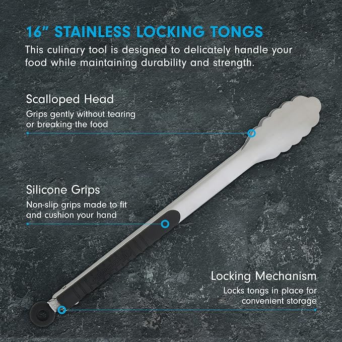 Messermeister Stainless Locking Tongs, 16” - Gently Grips Food - Durable Stainless Steel & Non-Slip, Silicone Grip - Dishwasher Safe