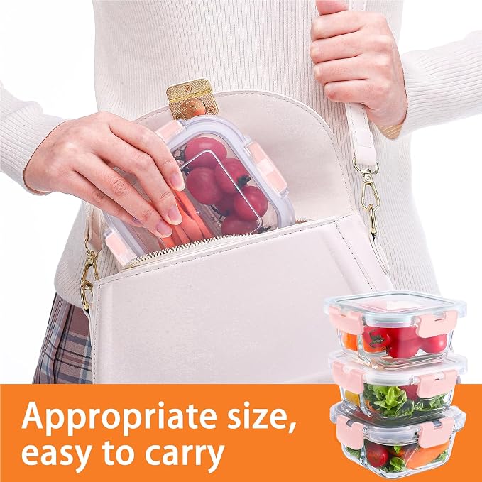 3 Pack Bariatric Meal Prep Containers, 8oz Glass Snack Containers | Glass Bariatric Portion Control Containers with Two 4 oz Compartments, Reusable Lunch Box Bento Box with Lids,Pink