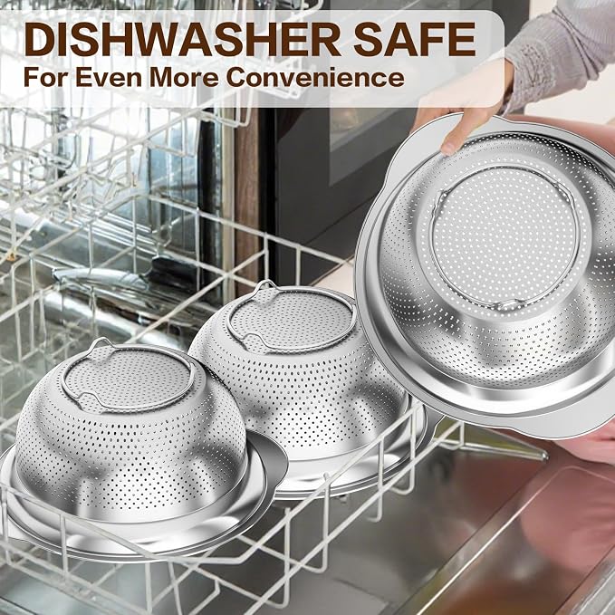 Large Strainers and Colanders, Big Stainless Steel Colanders for Kitchen, Stainless Steel Strainer Set of 3 (7 QT, 6 QT, 5 QT) for Draing Pasta Spaghetti Fruit Vegetable