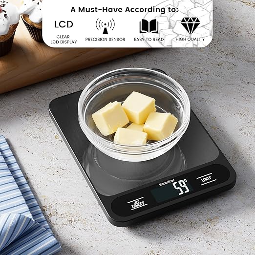 Food Scale, 22lb Ultra-Thin Digital Kitchen Scale, 1g/0.05oz Accuracy Ideal for Baking, Cooking, and Weight Loss Features 6 Measurement Units and LCD Display,Black,Easy to Clean, Batteries Included