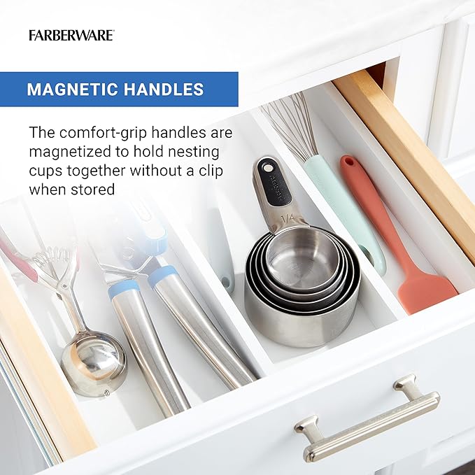Farberware Professional Set of 5 Stainless Steel Measuring Cups, Precision and Ease in Every Scoop, Features Magnetic Handles for Easy Storage, Dishwasher Safe