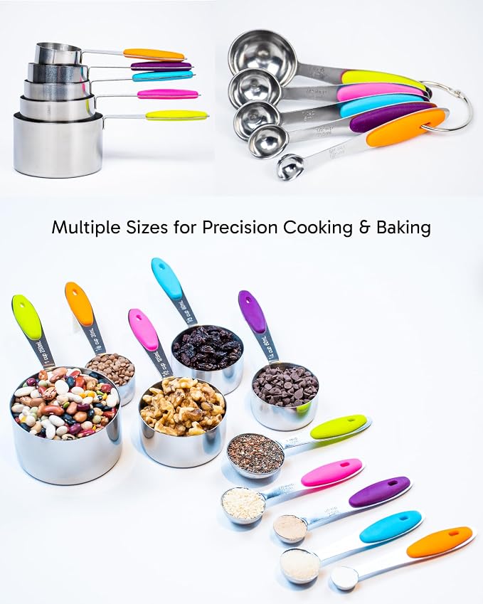 Dusico® Measuring Cups and Spoons Set of 10 - Stainless Steel Metal Measuring Cups Set for Cooking and Baking, Heavy Duty Stackable Measuring Set with Colorful Silicone Handles, Dishwasher Safe