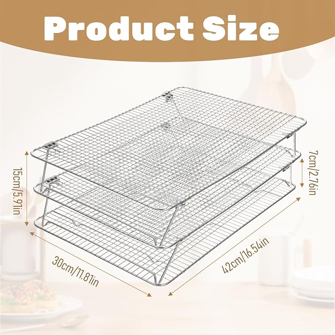 Stainless Steel Stackable Cooling Rack for Baking, 3-Tier Cooling Rack Set, Stackable Heavy Duty Stainless Steel Wire Racks, for Baking Cooking Grilling, Oven & Dishwasher Safe, 12”x 16.5”, Silver
