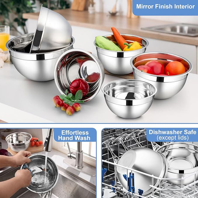LIANYU Stainless Steel Mixing Bowls Set, Large 7, 3.5, 2.5, 2, 1.5, 1QT | 6 PCS Metal Nesting Bowls with Transparent Airtight Lids, Serving Bowl Set for Home Kitchen, Dishwasher & Freezer Safe, Black