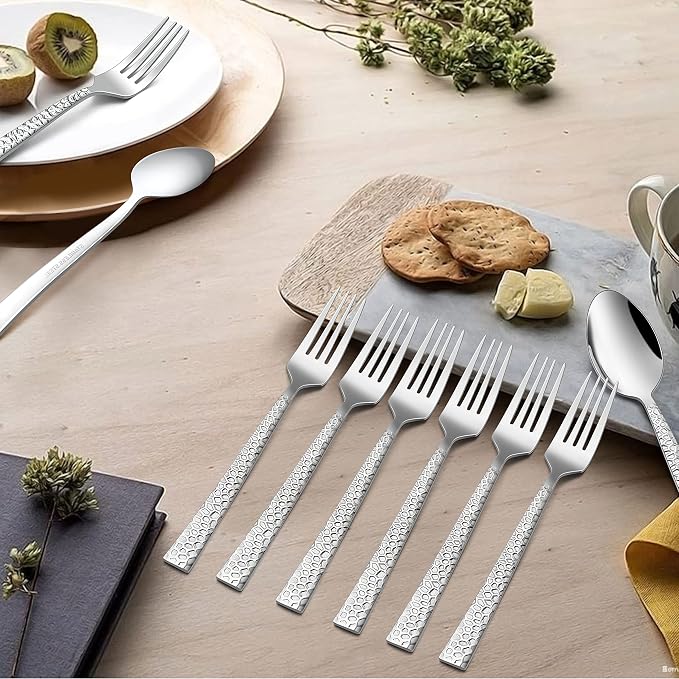 HaWare 24 Pieces Hammered Forks and Spoons Silverware set (7.9 Inches), Stainless Steel Flatware Cutlery for Home/Kitchen/Restaurant, Include 12 Dinner Forks and 12 Dinner Spoons, Dishwasher Safe