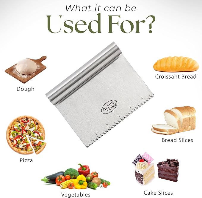 Alpine Cuisine Stainless Steel Dough Scraper with Comfortable Handle - Heavy Duty Dough Cutter Spatula with Measuring Markings - Multipurpose Food Scraper for Pastry, Pizza, Cake, & Bread