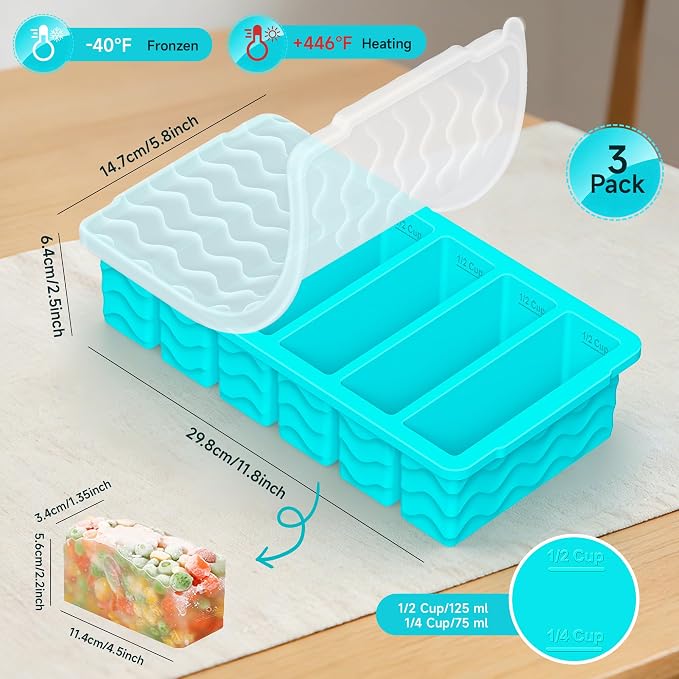 3-Pack Silicone Freezer Trays with Lid, Soup Freezer Container Molds, Silicone Freezer Molds, Ice Cube Tray for freezing Soup Sauce Broth Leftovers, Dishwasher & Oven Safe (1/2-cup,blue)
