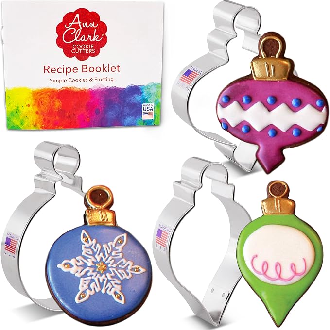 Ann Clark Christmas Ornaments Cookie Cutters 3-Pc Set (Teardrop Bauble, Finial, and Round Ornaments) Made in USA