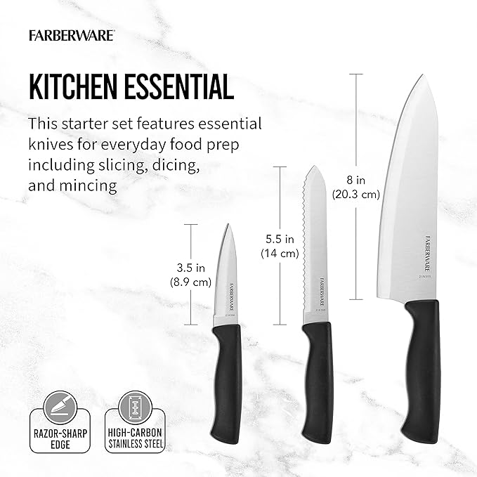 Farberware 3-Piece Chef Knife Set - High-Carbon Stainless Steel Kitchen Knives with Ergonomic Handle, Includes 8 In Chef, 5.5 In Utility and 3.5 In Paring Knife for Everyday Food Prep