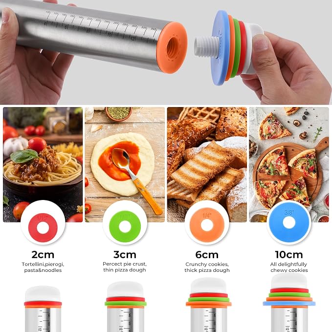 Adjustable Thickness Rings Rolling Pin & Silicone Baking Pastry Mat Set-Red | Stainless Steel Dough Roller,Baking Supplies for Cake Pop Cookie Fondant Pizza Cake Pasta