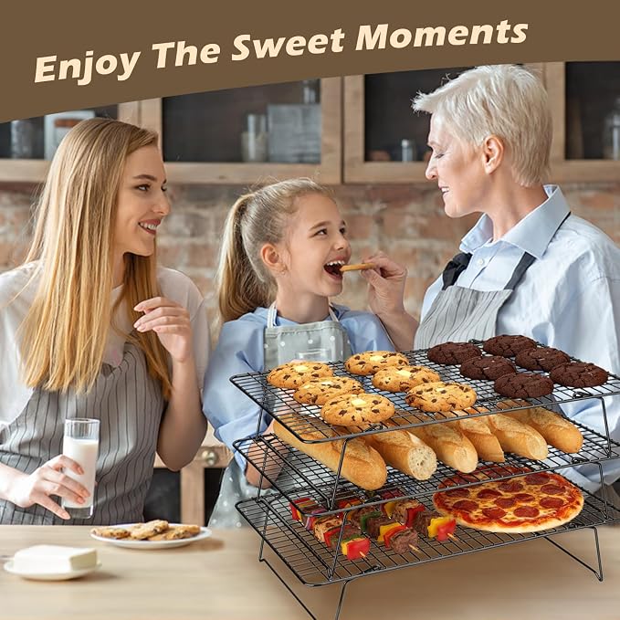 Pleafind 3 Pieces Stackable Cooling Rack - 16 x 10 Inch Wire Rack, 0.43" Dense-Grid Cooling Racks for Cooking, Baking, Roasting, Grilling, Oven and Dishwasher Safe, Black