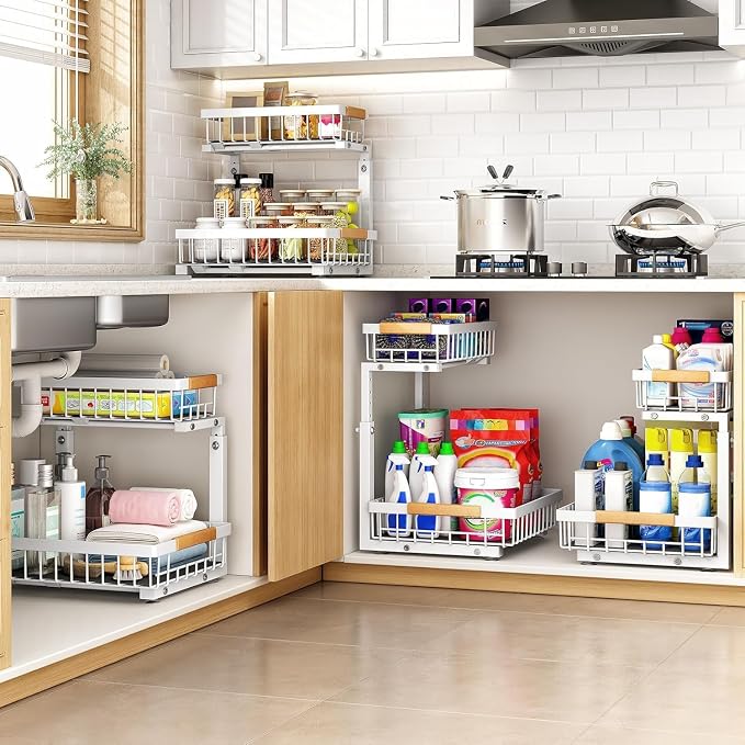 PXRACK Under Sink Organizer, Adjustable Height, 2 Tier Pull Out Under Cabinet Organizer, Slide Out Thickened Metal Under Sink Storage for Kitchen Bathroom Laundry Pantry Cabinet, White, Small-1-Pack
