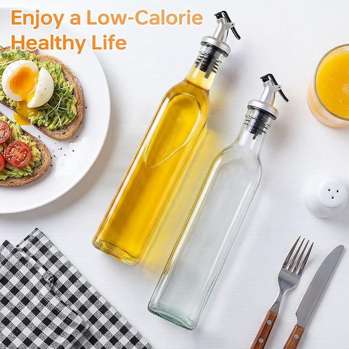 4 Pack 17 oz (500ml) Clear Glass Oil & Vinegar Dispenser Bottles, Leakproof Set with 4 Pour Spouts & 4 Labels, Kitchen Tools for Salad, BBQ, Air Fryer Cooking