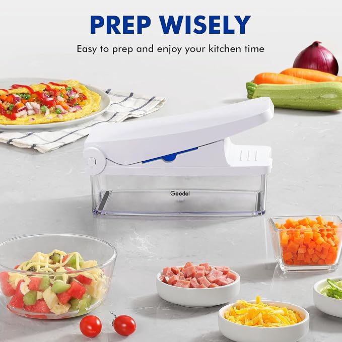 Geedel Vegetable Cutter, Onion Cutter Pro Food Chopper, Kitchen Vegetable Slicer Dicer Cutter Grater, Veggie Chopper with container for Salad Onion Potato Carrot (4 in 1, Blue)