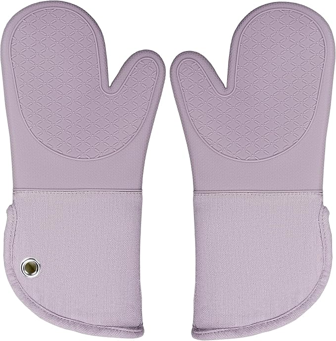 Professional Microwave Silicone Oven Mitts one Pair, Kitchen Mitten Set for Heat Resistant with 500 Degrees, Kitchen Gloves Pot Holder for BBQ Cooking Baking (Purple)