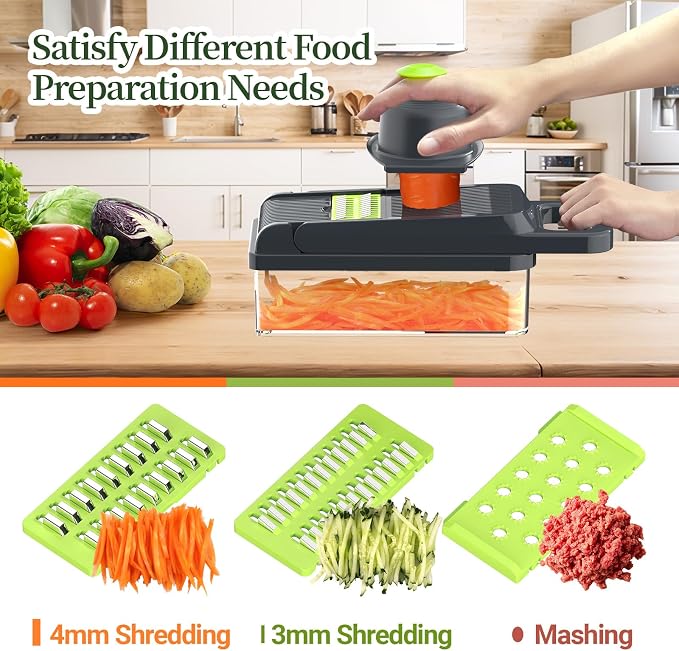 StoreHappily 12-in-1 Vegetable Chopper, 10 Blades Veggie Chopper with Container and Lid, Dicer, Slicer, Multifunctional Kitchen Gadgets, Vegetable Cutter with Handle, Onion Cutter(Green/Grey)