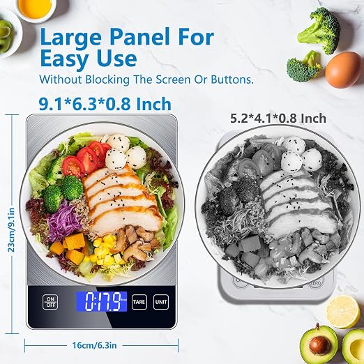 Food Kitchen Scale, Digital Food Scale 33lb Digital Kitchen Scale Precisely Measures Grams and Ounces for Meal Prep Baking and Cooking, Rechargeable 304 Stainless Steel Kitchen Scale LCD Display