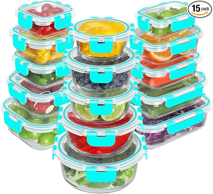 BAYZZ 30 Piece Glass Food Storage Containers Set, Glass Meal Prep Containers with Lids, Airtight Lunch Box, BPA-Free, Microwave, Freezer & Dishwasher Safe,Green