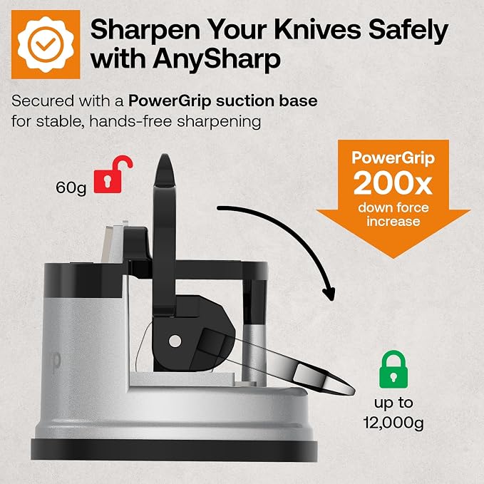 AnySharp – GLOBAL – Hands Free Knife Sharpener - Easy to Use Sharpening Tool with PowerGrip Suction Base and 20-Degree Pre-set Angle - For All Knives: Chef’s, Serrated, and Hardened Steel - Silver