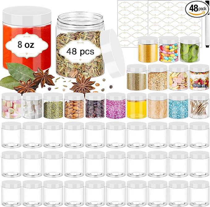 PeacePeo 8 OZ Plastic Jars, 48 Pack Clear Slime Containers with Lids | Stackable Leakproof Storage Jars, White Lids, Round Empty, Wide Mouth, for Pantry, Cabinet and Countertop Organization
