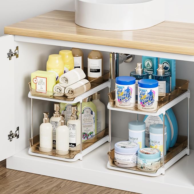 Delamu 2-Tier Multi-Purpose Bathroom Under Sink Organizers and Storage, Stackable Kitchen Pantry Organization, Pull Out Medicine Cabinet Organizer with Movable Dividers, Amber, 4 Pack