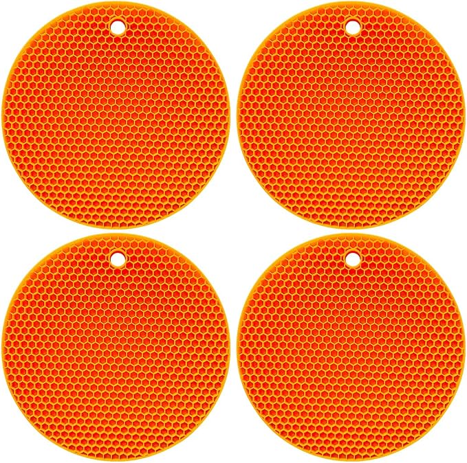 7-Inch Round Silicone Trivet Mats - 4-Pack Non-Slip Heat Resistant Hot Pads for Kitchen Countertops, Pots and Pans (Orange)