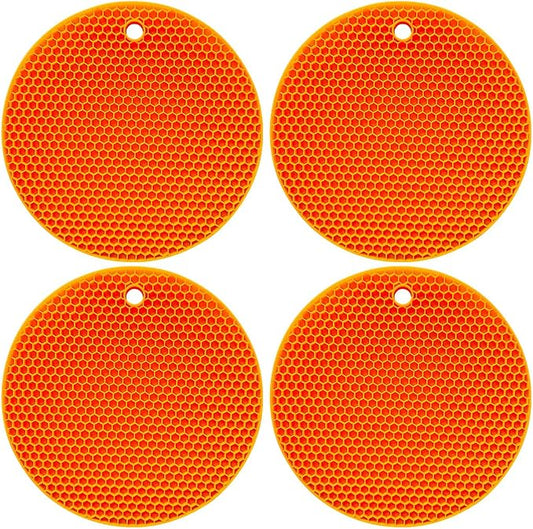 7-Inch Round Silicone Trivet Mats - 4-Pack Non-Slip Heat Resistant Hot Pads for Kitchen Countertops, Pots and Pans (Orange)