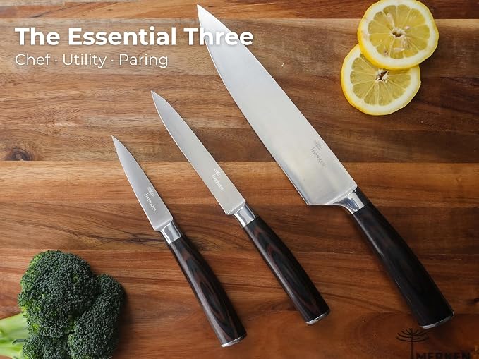 MERKEN 3 Piece Kitchen Knife Set with Gift Box, 8 inch Chef Knife, 5 inch Utility Knife and 3.5 inch Paring Knife