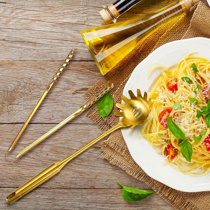 Patelai Stainless Steel Spaghetti Spoon and Pasta Tongs Set, Long Handle Noodle Server Tools with Drain Holes, Non-slip Grip for Cooking, Serving Pasta and Noodles