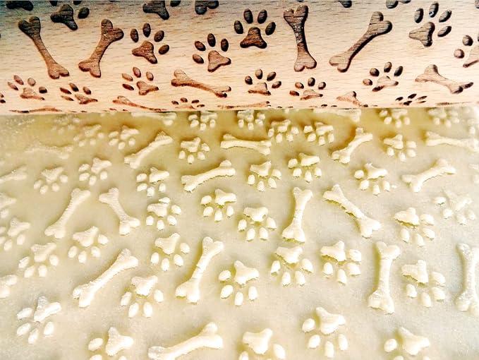 PAW and BONE EMBOSSING ROLLING PIN LASER ENGRAVED PATTERN with PAWS and BONES for EMBOSSED COOKIES or PASTA