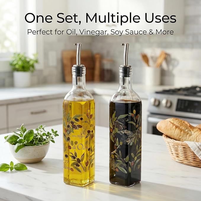 Topadorn 2-Pack Glass Olive Oil Dispenser Bottles – 17oz Cruet Set with Stainless Steel Spout, Leak-Resistant Oil & Vinegar Pourer, Food-Safe Kitchen Storage Set