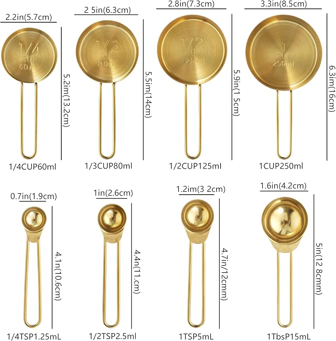 Measuring Cups and Spoons Set, Kaloo 8PCS Stainless Steel Metal Measuring Cups, Gold Finish, Ideal for Cooking and Baking