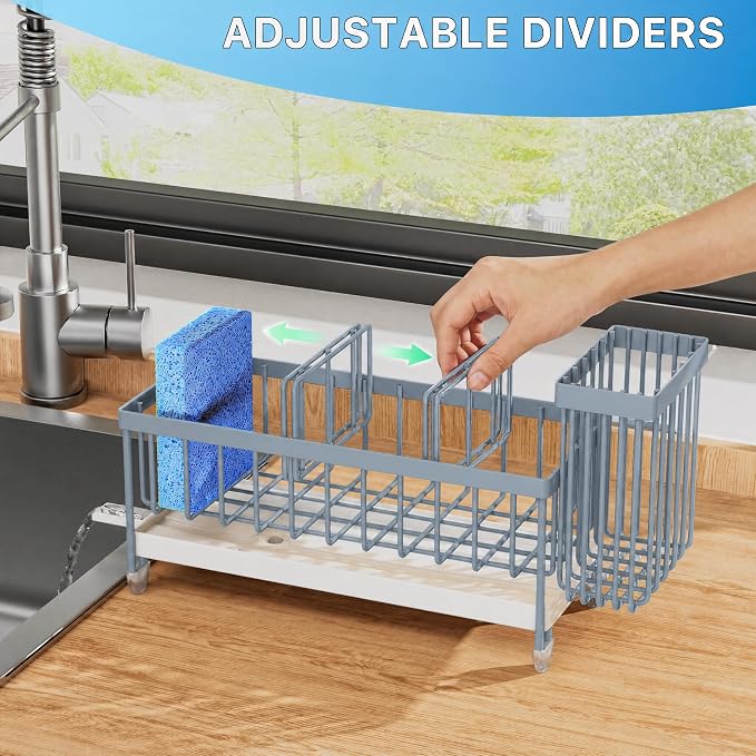 Cisily Sponge Holder for Kitchen Sink, Sink Caddy Organizer with High Brush Holder, Kitchen Countertop Organizers and Storage Essentials, Rustproof 304 Stainless Steel (Gray Blue, 9.25″)
