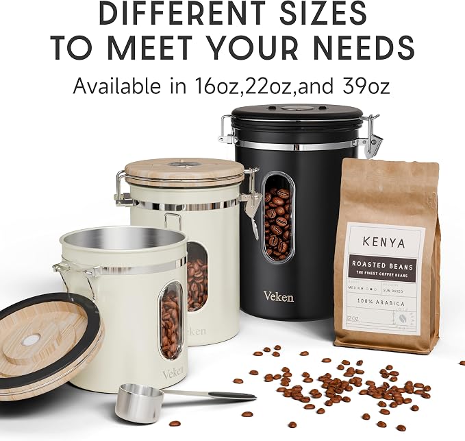 Veken Coffee Canister with Window, Airtight Stainless Steel Container, 16OZ | Date Tracker,Kitchen Food Storage Organizers for Beans, Ground, Espresso, Rice,Tea, Sugar,Cereal, Gifts,Lids,Jars,Scoop,Cream