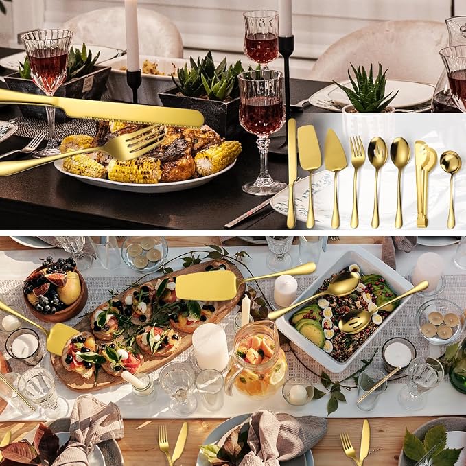 AARAINBOW Hostess Serving Utensils Set Large, 8 Pcs Stainless Steel Serving Utensils for Parties Buffet, Flatware Serving Sets with Serving Spoon Slotted Spoons Serving Forks (Golden)