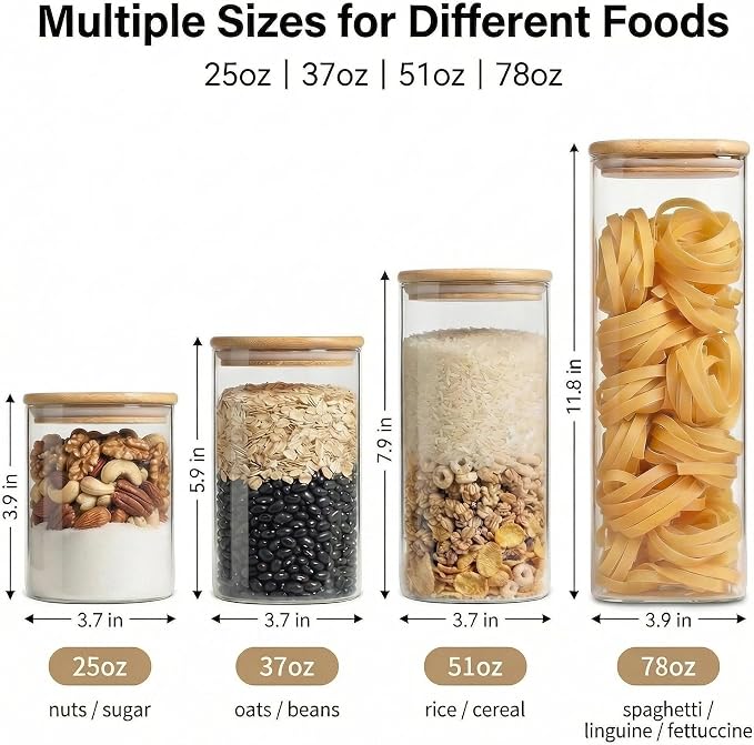 Airtight Glass Storage Containers with Lids Set, 9 Pack Pantry and Pasta Storage Containers 25/37/51/78oz, Square Kitchen Canister Set for Flour Sugar Rice, Cereal Beans Oats Spaghetti Pasta
