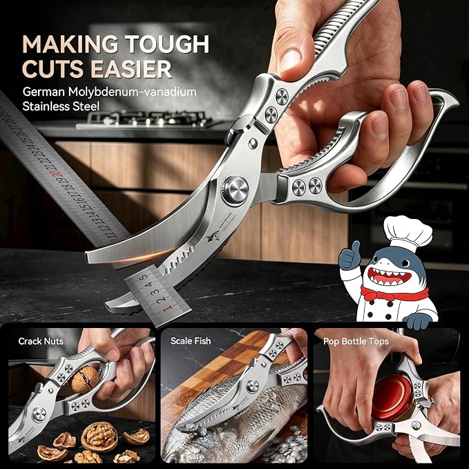 Heavy Duty Poultry Shears, Kitchen Shears with Non-Slip Handle & Safety Lock, All Purpose Kitchen Scissors for Chicken, Meat Cutting, Turkey, Fish, Vegetables, Spring Loaded, Dishwasher Safe
