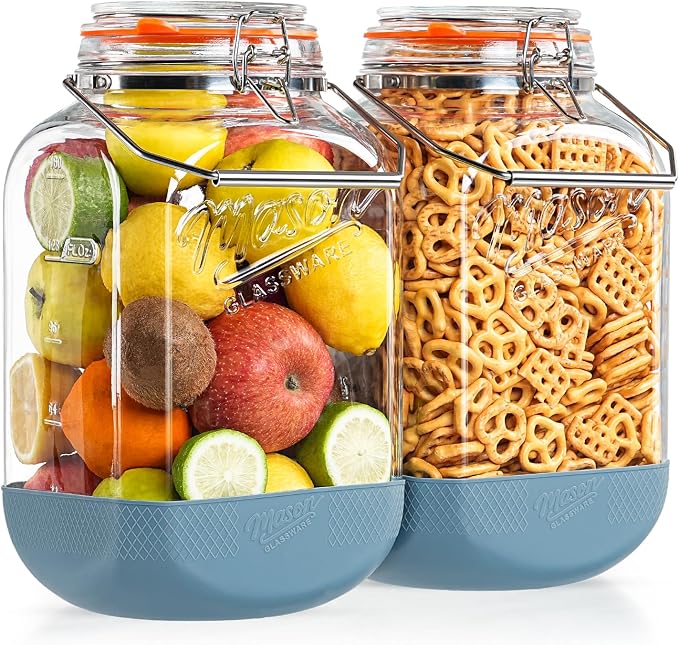 Square 1.5 Gallon Glass Jar with Airtight Lid & Handle, 2 Pack | Large Mason Jars Wide Mouth with Hinged Lid, Glass Storage Containers w Non-slip Base for Pantry, Laundry Room, Flour, Rice