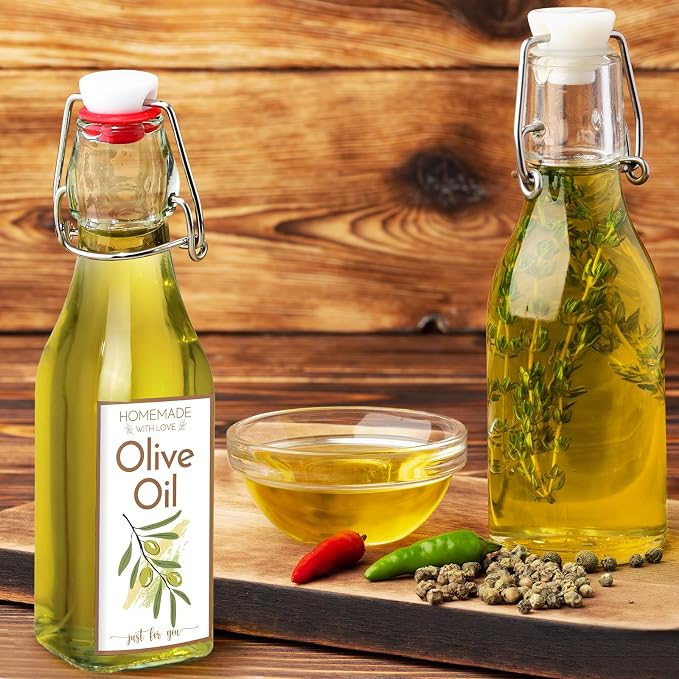 Havawish 16 Pcs 8 oz Mini Olive Oil Bottles Homemade Swing Top Clear Flip Top Bottles with Airtight Lids Labels for Storing Homemade Olive Oil Wedding Baby Shower Favors(Square)
