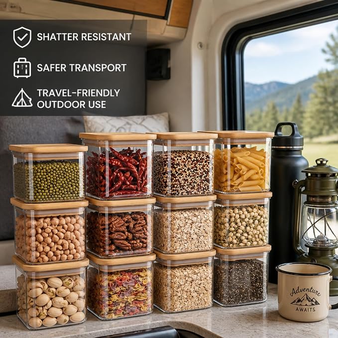 12 Pcs 25oz Plastic Square Pantry Storage Container with Bamboo Lid | Food Storage Containers with Airtight Lids, Fit Serving Tea Sugar Cookies Storing Oats Coffee Bean Nuts Spices
