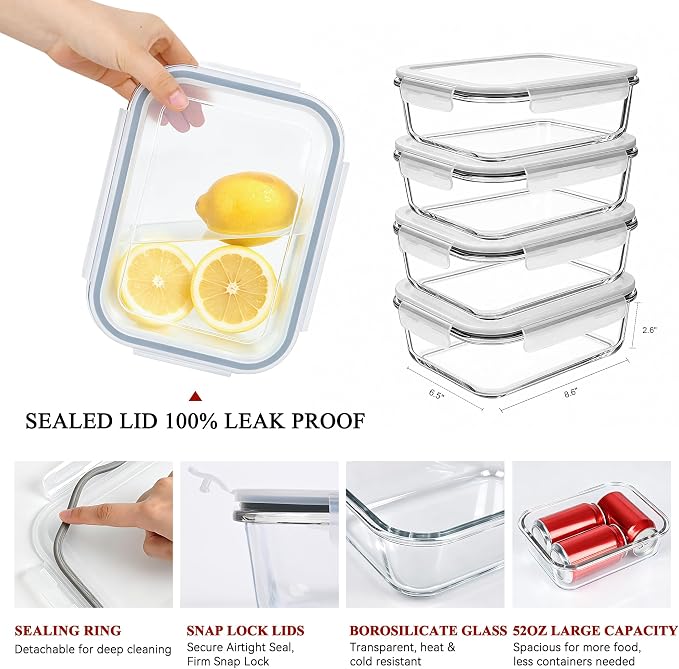 GEHE 4 Pack 52oz Glass Food Storage Containers with Lids, Large Glass Storage Containers with Airtight Lids, Meal Prep Container for Storing & Serving, Leak Proof, BPA Free, Microwave/Oven Safe