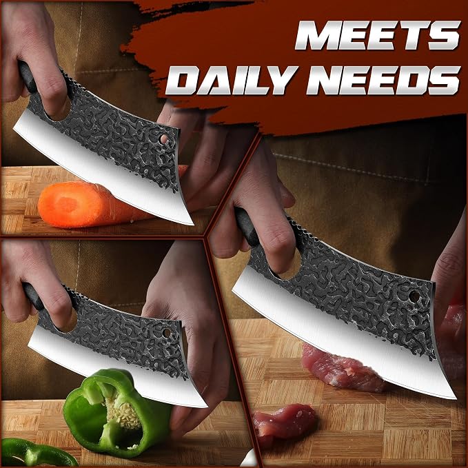 ROCOCO Meat Cleaver Butcher Knife - Full Tang Knife & Sheath Gift Idea Men | Sharp Hand forged Knife for Home Outdoor BBQ Camping Mother Father Gift Idea Men Black 6.3"