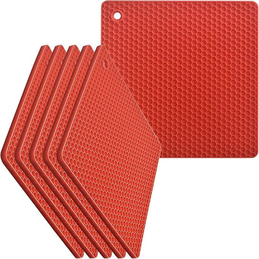 homEdge Silicone Square Trivets Mat, 6 Packs Multipurpose Non Slip Heat Resistant Pot Holder-Red