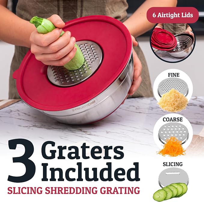 Priority Chef 6Pc Stainless Steel Mixing Bowls with Lids Set, Huge 7 Qrt Size Metal Bowl Set for Kitchen, 3 Graters, Non-Slip Bases & Silicone Utensils Set, Red