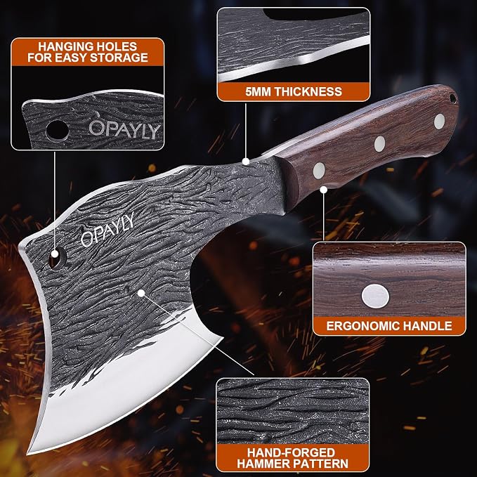 OPAYLY Heavy-Duty Bone Chopper Knife Hand Forged Meat Cutting with Cover Meat Bone Cleaver Knife High Carbon for Kitchen Outdoor Camping BBQ men gifts